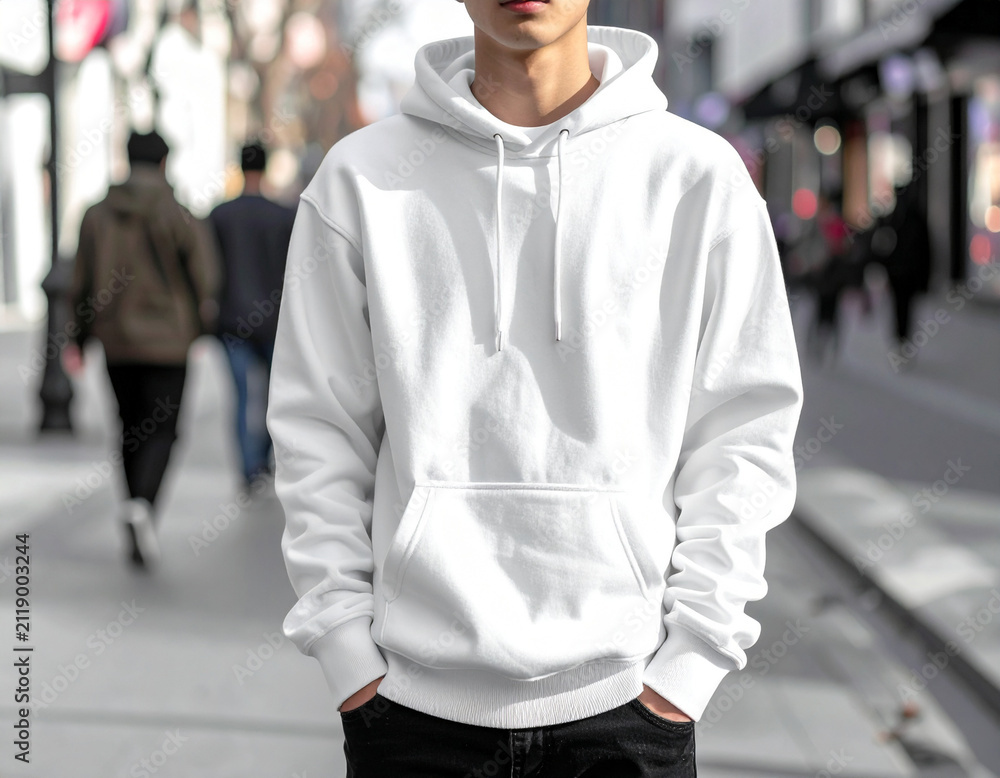 Fototapeta premium Photorealistic lifestyle mockup of a young man wearing a blank white pullover hoodie on street