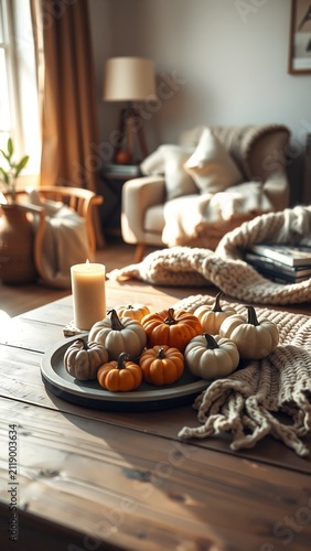 Cozy fall home decor scene with warm neutral tones, soft blankets, candles, pumpkins, and rustic wooden accents. Golden sunlight fills a modern farmhouse living room, inviting autumn atmosphere.