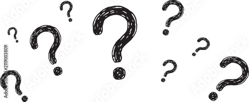 Collection of hand-drawn black question marks isolated on transparent background, vector illustration for FAQ sections, help centers, education, quizzes, uncertainty concepts, and creative graphic