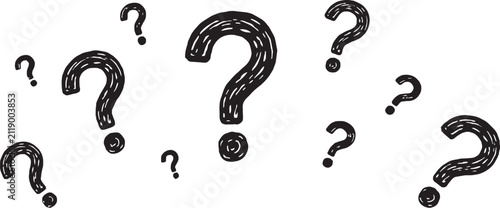 Collection of hand-drawn black question marks isolated on transparent background, vector illustration for FAQ sections, help centers, education, quizzes, uncertainty concepts, and creative graphic