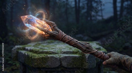 Hand Holding a Powerful Magic Staff with a Glowing Crystal in a Mysterious Dark Forest 