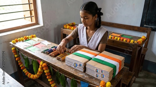 Young Indian student preparing crafts for India's Independence Day celebration in classroom