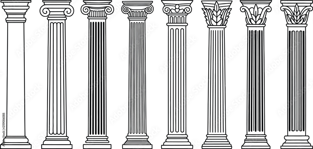Fototapeta premium Antique architectural pillar collection featuring classical Greek and Roman columns with ornate capitals isolated on white background vector.
