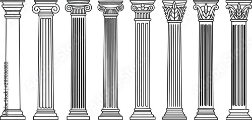 Antique architectural pillar collection featuring classical Greek and Roman columns with ornate capitals isolated on white background vector.