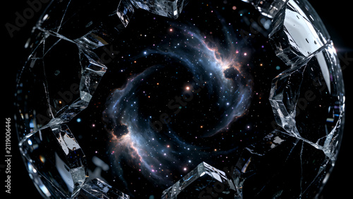 Abstract view of a deep space galaxy through a shattered glass sphere.