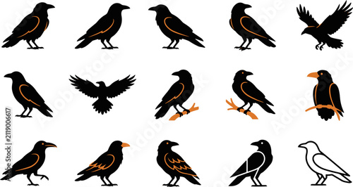 Konstfotografi Set of various black raven bird illustrations in different poses isolated on a w