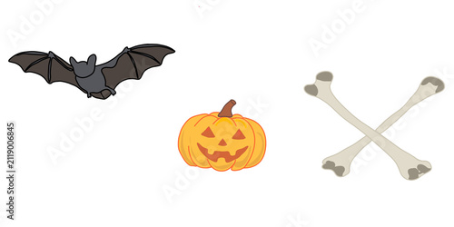 Vector Halloween Clipart Set: Bat, Jack-o'-Lantern, and Crossbones isolated on transparent or white background, png