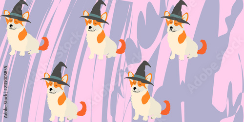 Cute Halloween Corgi in Witch Hat Seamless Pattern Background