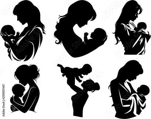 Mother silhouettes holding babies are depicted in a collection of artistic black and white icons that illustrate the deep emotional bond of parenthood.