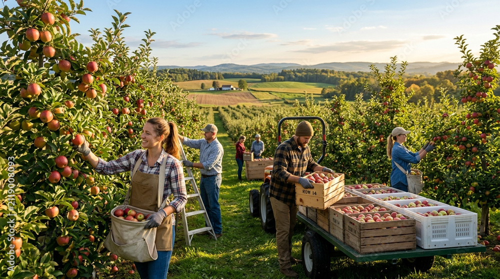Fototapeta premium Apple Harvest: Farmers Picking Ripe Apples from Orchard Trees at Sunset
