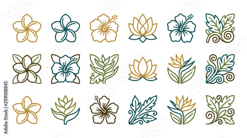 Quadro su tela Colorful floral and leaf illustrations on white background.