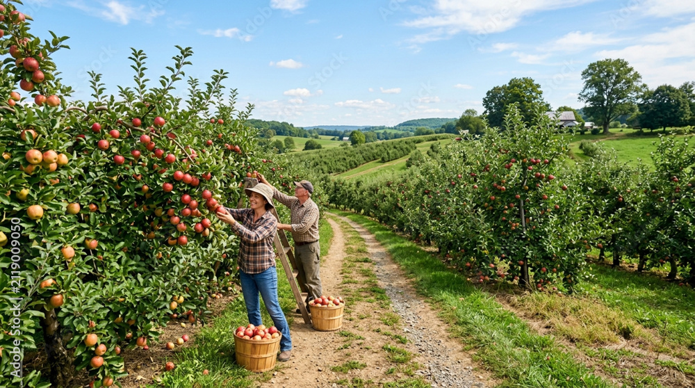 Fototapeta premium Apple Orchard Harvest: Farmers Picking Ripe Fruit in Rural Landscape