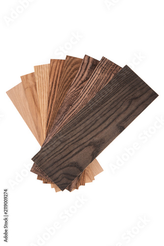 Fan-shaped wood color swatches and veneer samples isolated on white background.