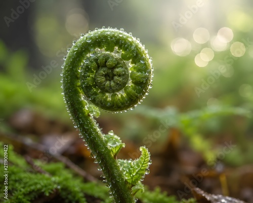Fresh green fern leaf fiddlehead growing in a sunny forest