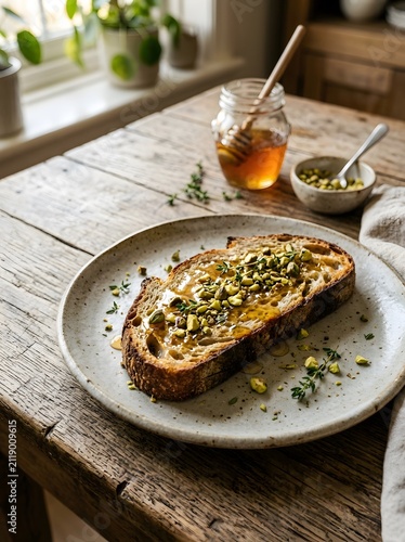 Fresh sourdough toast with honey and pistachios on a wooden table