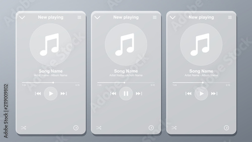 Music player glassmorphism UI design. Mobile app interface with frosted glass effect.