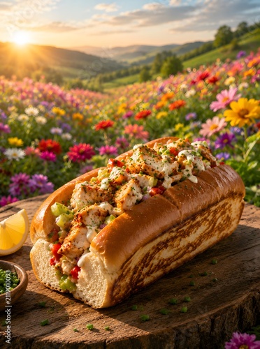 Delicious chicken sandwich roll in a colorful flower field