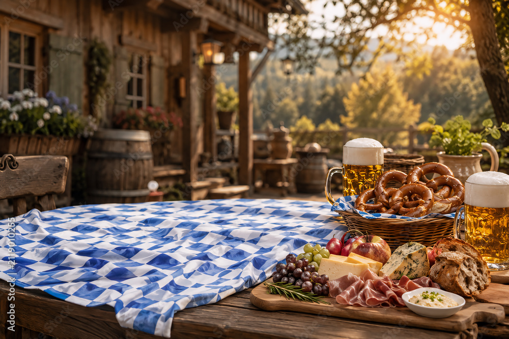 Fototapeta premium Blue and white Bavarian tablecloth on a rustic wooden table with pretzels, cheese, fruit, bread, and beer mugs in a sunny beer garden. Copy space for Oktoberfest, restaurant, travel, branding, and ads