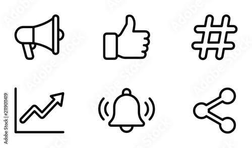 Social Media Icons Set: Megaphone, Thumbs Up, Hashtag, Graph, Bell, Share Symbols for Digital Marketing and Online Engagement