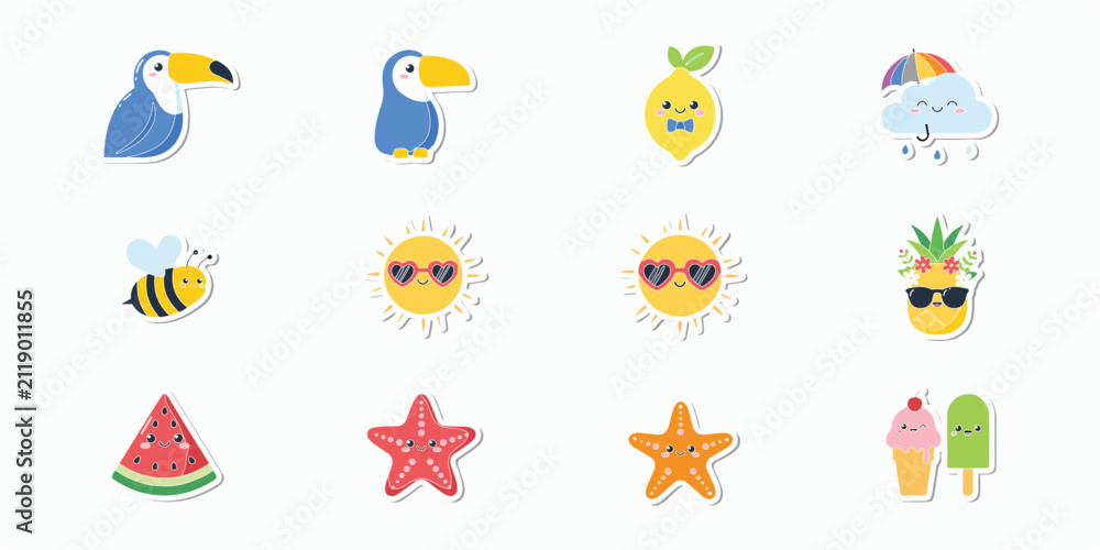 Obraz premium Set of kawaii summer stickers featuring toucans, sun with heart sunglasses, pineapple, watermelon, starfish, bee, and ice cream treats on a white background