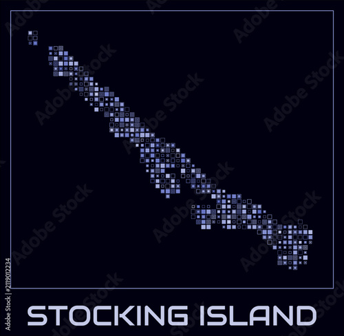 Stocking Island digital style map. Small square dots on dark background. Dotted shape of the island. Vector map and title. Elegant vector illustration.