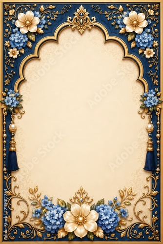 Elegant floral frame with golden ornaments. Decorative vintage border with blue flowers.