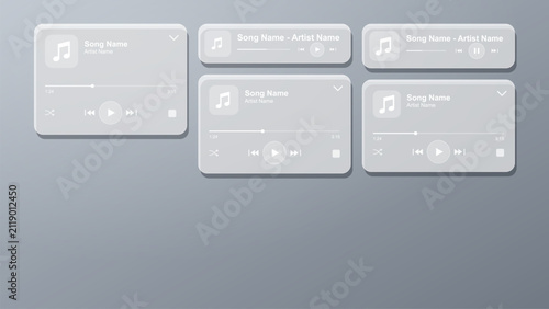Glassmorphism music player UI elements. Frosted acrylic media control interface icons.