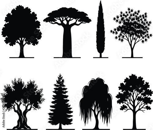 Collection Of Tree Silhouettes On A White Background