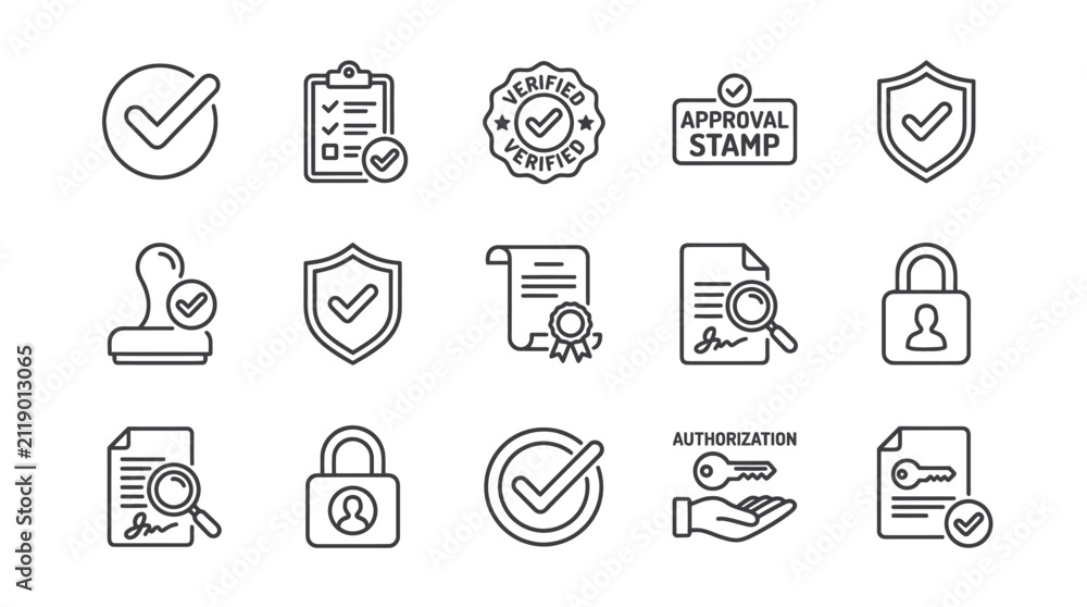 Fototapeta premium Data security and official approval line icons.