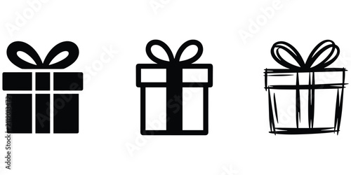 Set of three gift box icons with bows in solid black and hand-drawn sketch styles