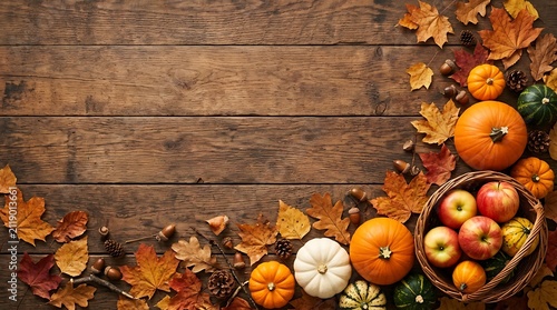 Rustic autumn background featuring a wooden table decorated with colorful fall leaves pumpkins and a basket filled with fresh red apples