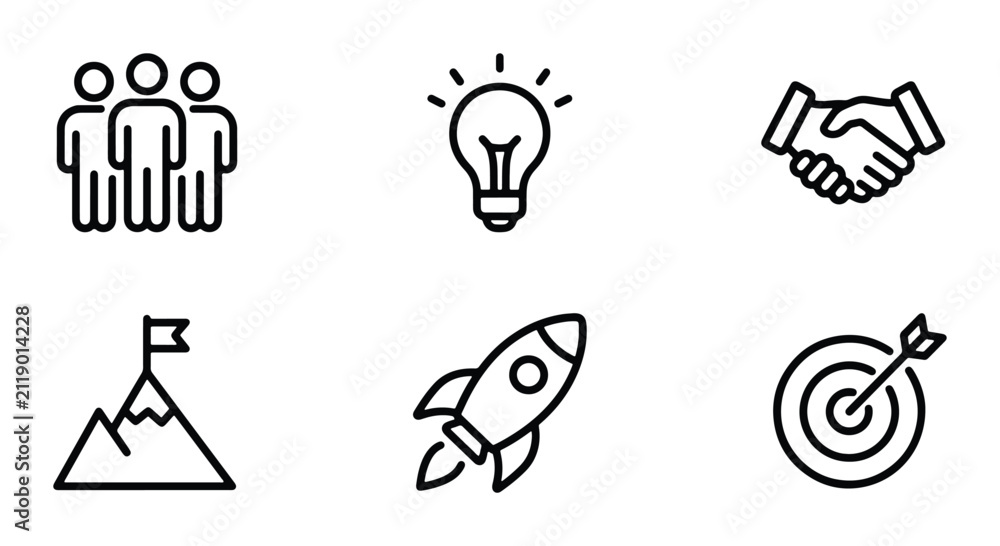 Fototapeta premium Business Icons Set: Teamwork, Idea, Partnership, Goal Achievement, Startup Launch, Target Success