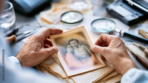 Old photograph restoration concept showing technology, care and preservation of personal family history.