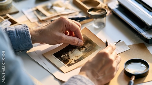 Restoring Vintage Family Photos with Archival Tools and Old Photograph Preservation Concept