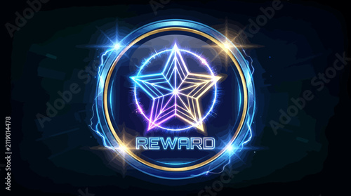 Glowing neon reward star badge with electric sparks and text for gaming achievement interface design