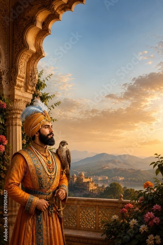 Indian Maharaja with falcon. Royal king in traditional attire at sunset palace balcony.