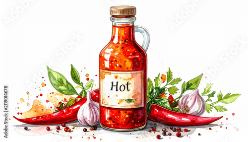 Hot sauce bottle chili pepper garlic bulb basil leaf watercolor illustration fermented sauce spicy food condiment red pepper glass bottle