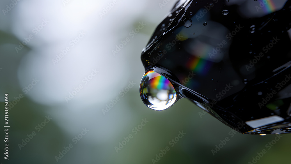 Obraz premium Macro close up of a single water droplet reflecting a vibrant rainbow spectrum.