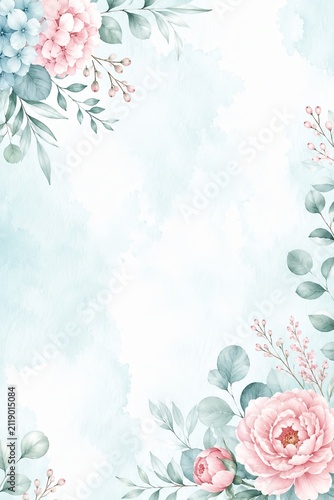 Watercolor floral frame with pink roses. Elegant botanical border on soft blue background.