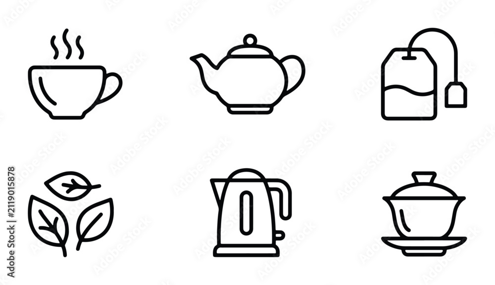 Obraz premium Tea Icons Set, Beverage Drink Symbols, Hot Cup, Teapot, Tea Bag, Leaves, Kettle, Gaiwan, Minimalist Line Art Vector Graphics for Food and Drink Concepts