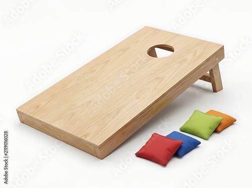 Wooden cornhole board with colorful bean bags isolated on white background.