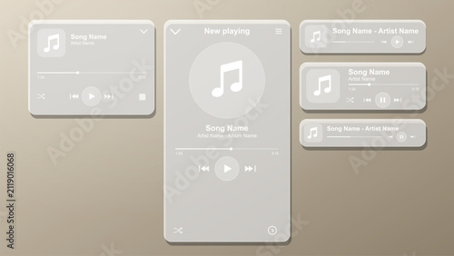 Glassmorphism music player UI kit. Frosted acrylic interface design for mobile applications.