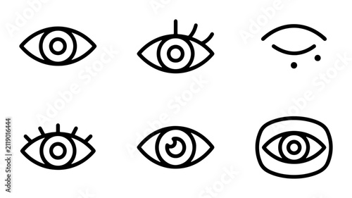 Minimalist eye icon set, 6 black line vector symbols, vision and optical health graphic elements