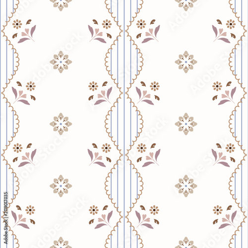 Graceful seamless stripe pattern featuring delicate folk-inspired floral sprigs, ornamental medallions