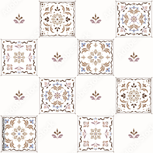 Azulejo Portuguese tiles check patchwork pattern, seamless background Mediterranean Amalfi style