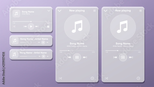 Glassmorphism music player UI kit. Frosted glass mobile app interface for audio streaming.