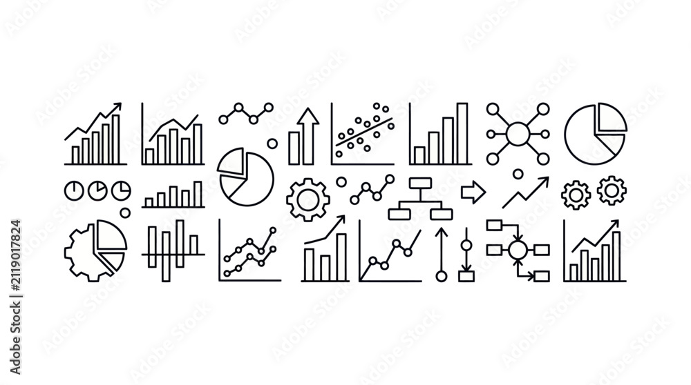 Obraz premium Business data analysis and financial growth line icons.