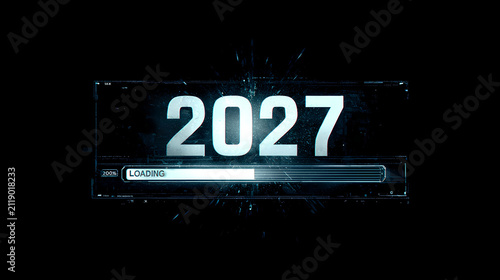 Futuristic 2027 Digital Timeline Interface with Hand Selecting Future Year on Virtual Screen. 2027 new year concept