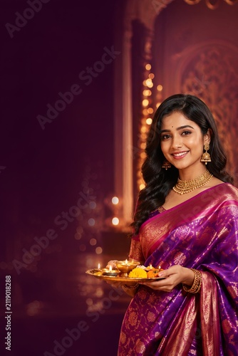Indian woman holding diya for Diwali. Beautiful girl in traditional saree celebrating festival.