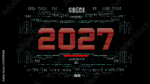 Futuristic 2027 Digital Timeline Interface with Hand Selecting Future Year on Virtual Screen. 2027 new year concept